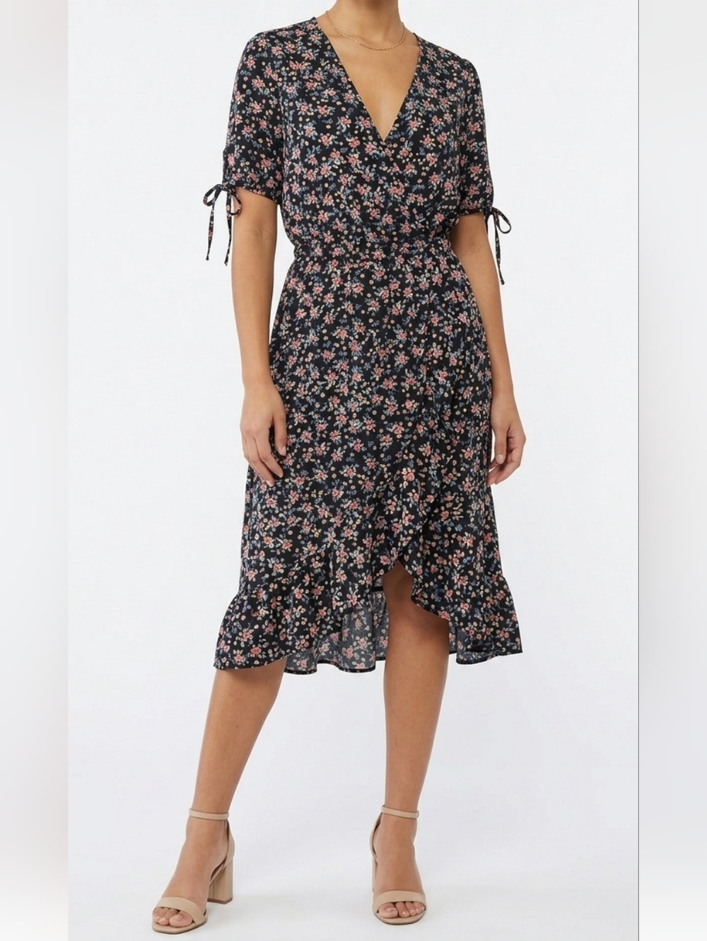 Purple Snow Black Floral Midi Dress XL Faux Wrap Ruffle Hem Short TieSleeve Boho